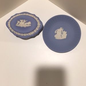 Wedgwood Blue Jasperware Oval Trinket Box & plate